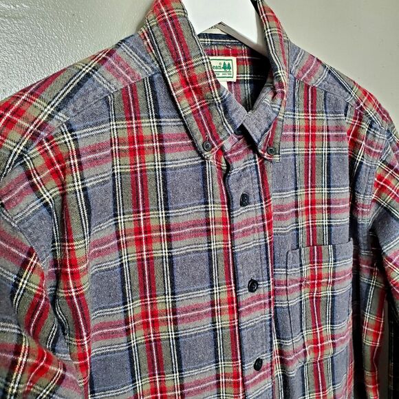 L.L. Bean Scotch Plaid Flannel Shirt Size Medium Traditional Fit Grey Stewart - Picture 3 of 10